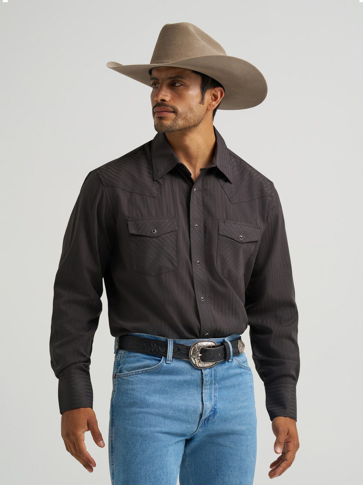 Wrangler Men's Western Long Sleeve Snap Dobby Stripe Shirt, Black – front on model