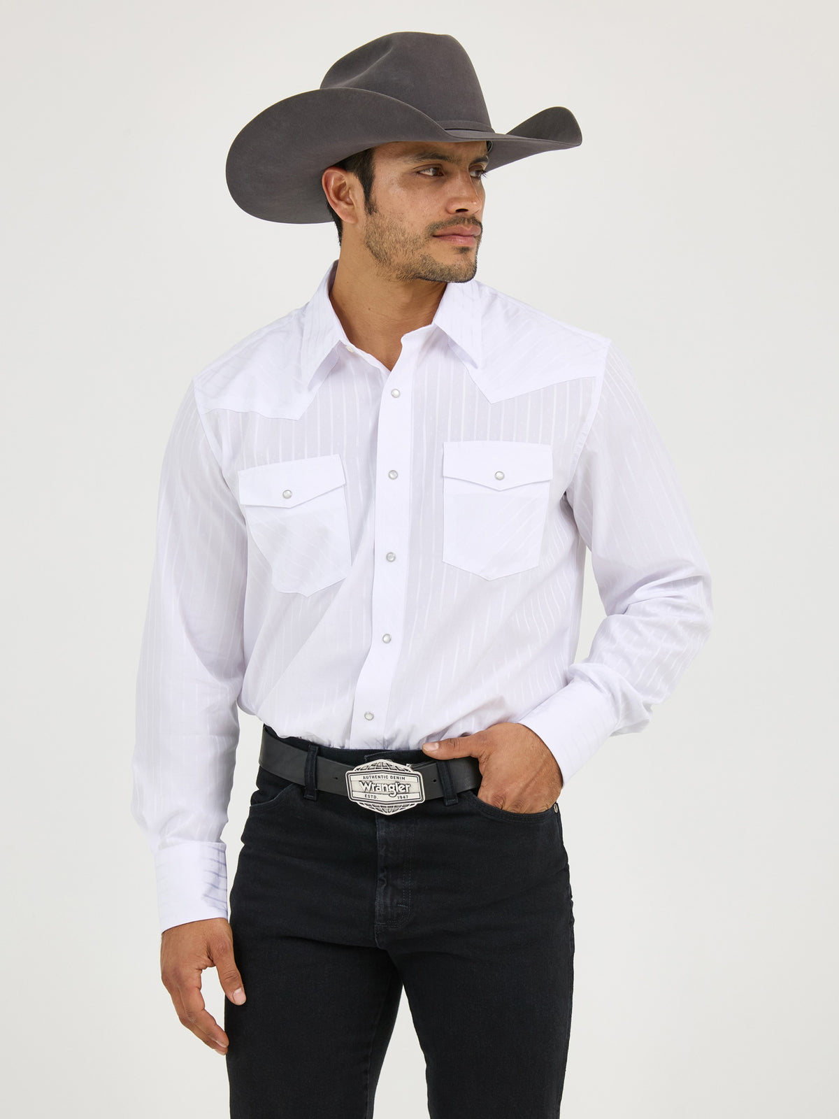 Wrangler Men's Western Long Sleeve Snap Dobby Stripe Shirt, White – front on model