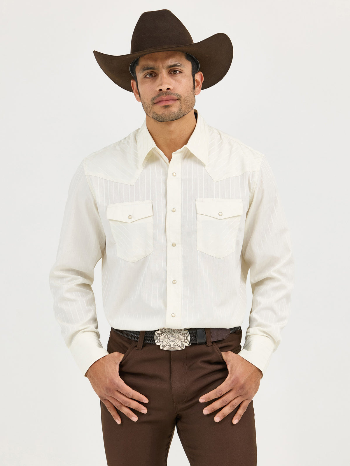 Wrangler Men's Western Long Sleeve Snap Dobby Stripe Shirt, Tan – front on model