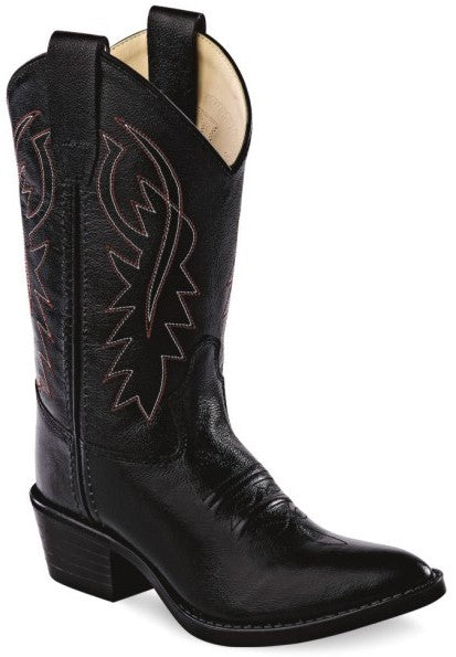 Old West children's black leather western boot with narrow J toe and cowboy heel, style 8110