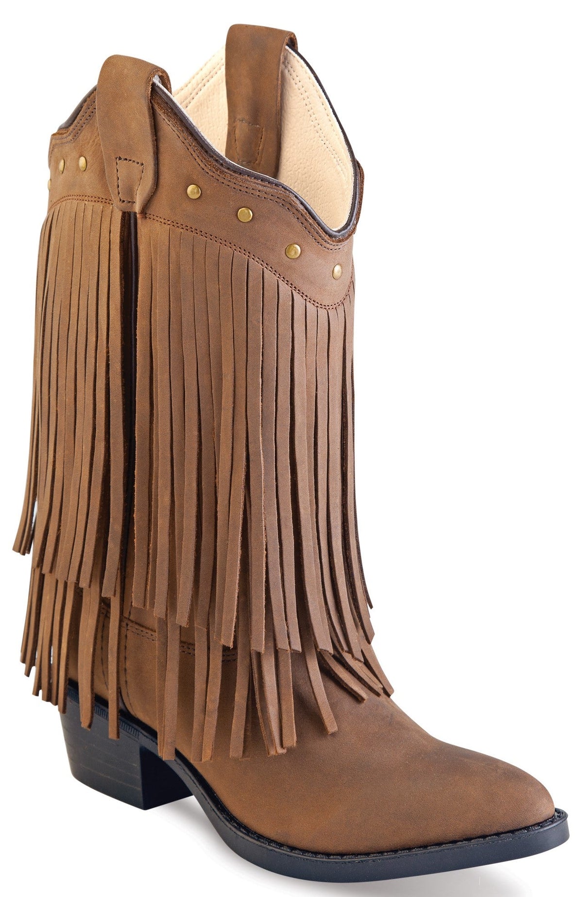 Old West toddler western boot in brown leather with fringe and narrow J toe, style 3125