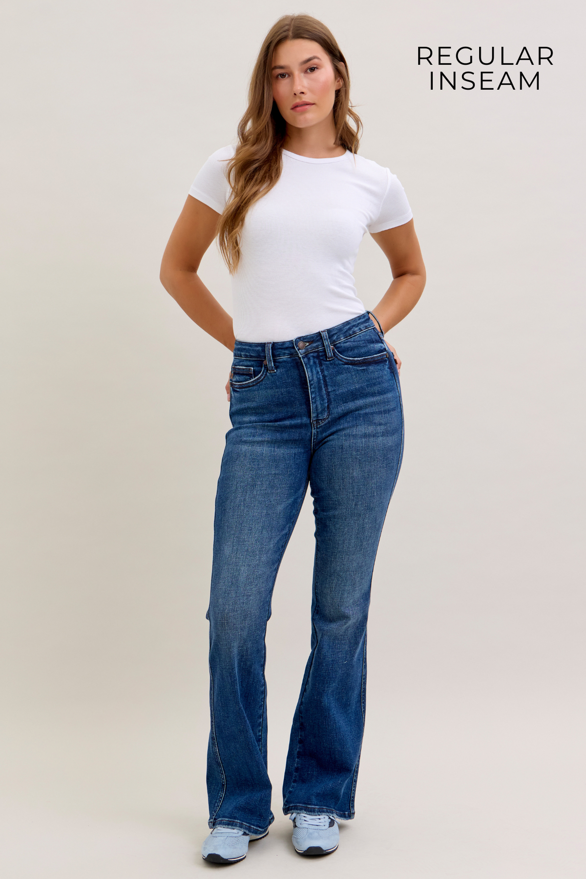 Judy Blue bootcut jean in dark wash shown in the regular 32 inch inseam