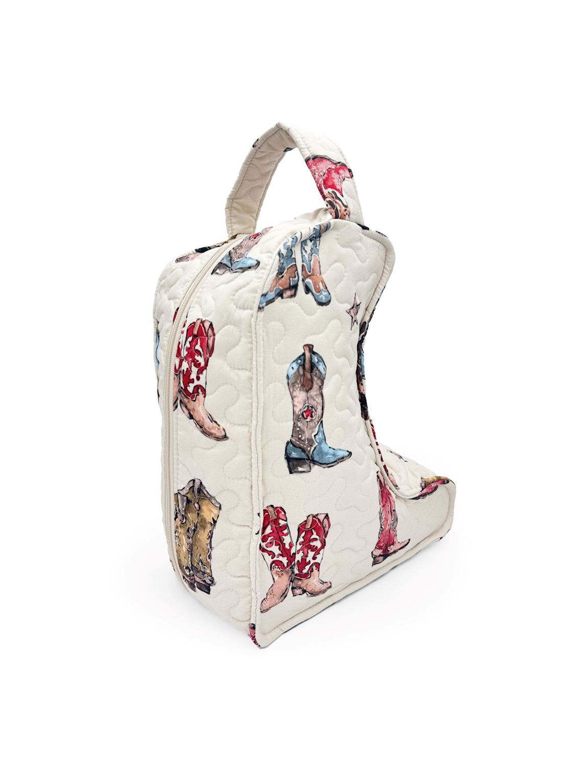 Ida Mae Home Thunderbird Boots sand boot bag, second view showing the handles and quilting.