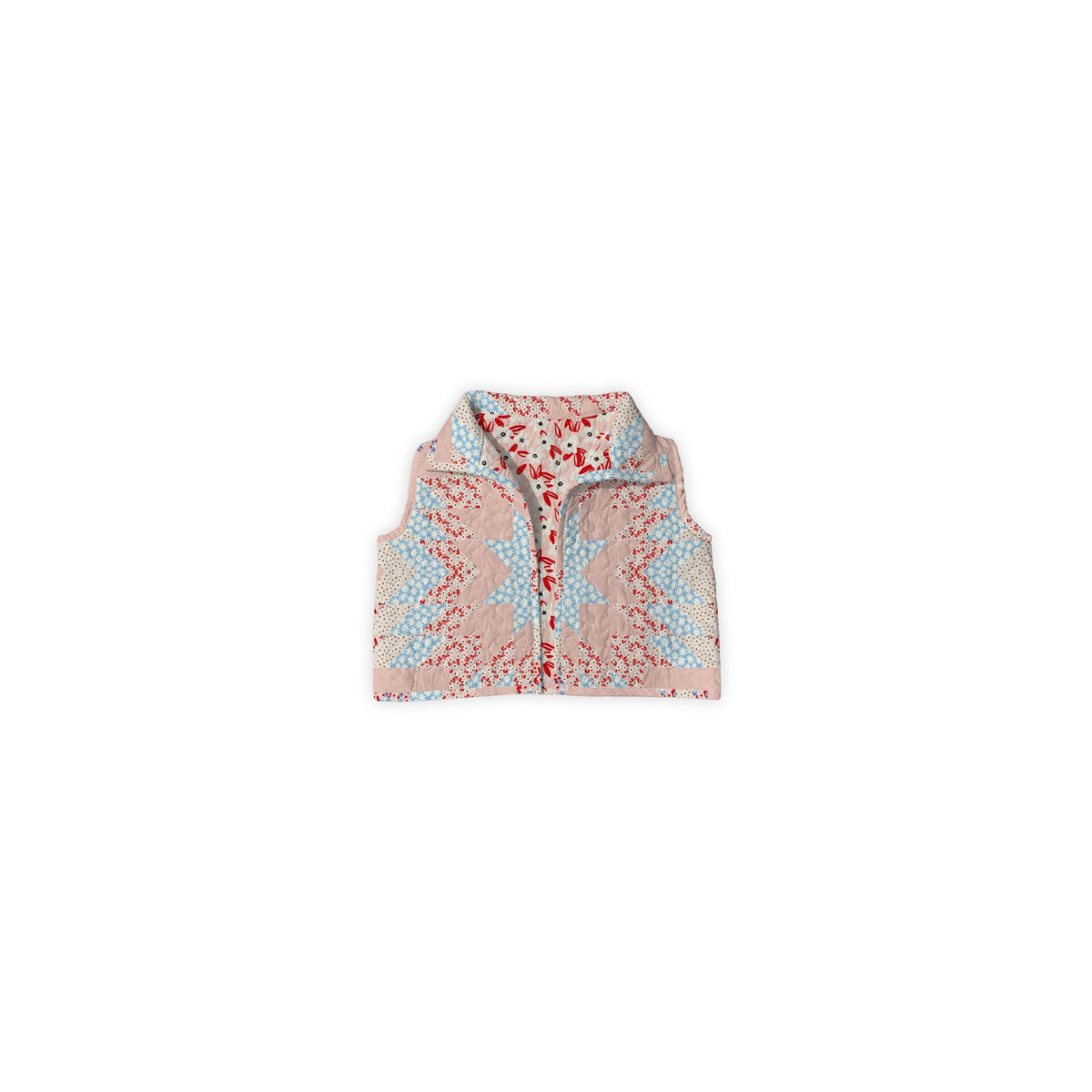 Ida Mae Home Cate Vest in the Adeline Patchwork rose print, a sleeveless quilted vest with a floral patchwork pattern.