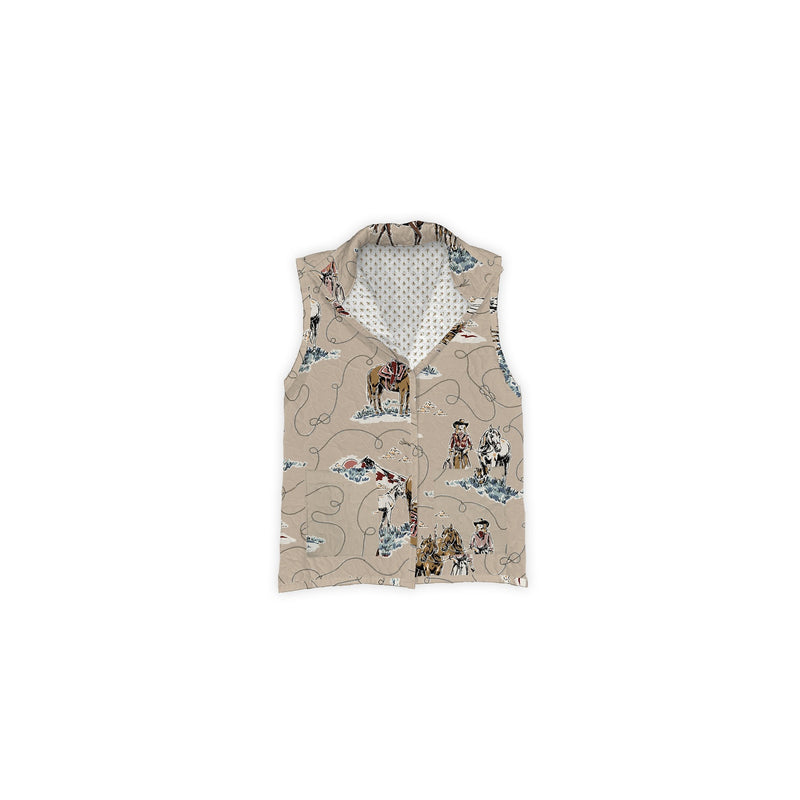 Ida Mae Home Sierra Cowgirl Brown Ruby Vest, a collared quilted vest in a tan western toile print of riders and horses, with a snap front.