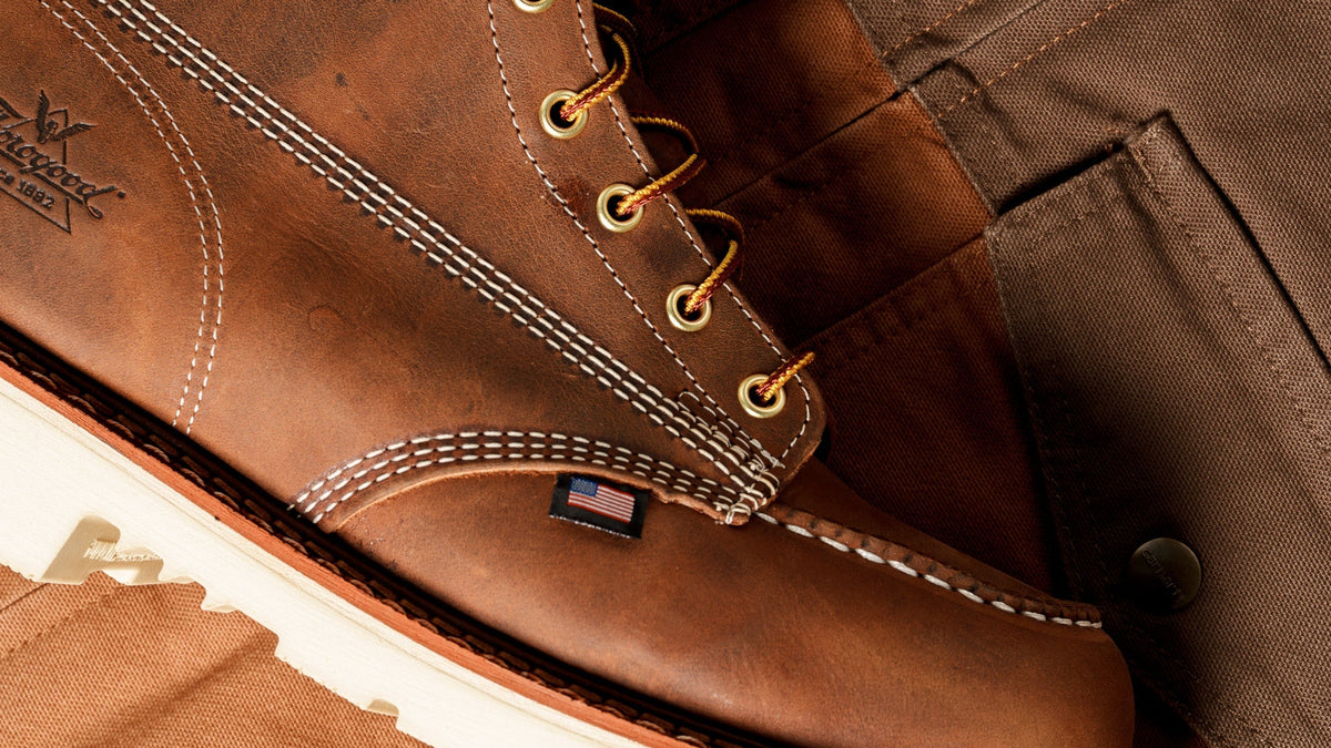 Close-up of a brown leather lace-up boot