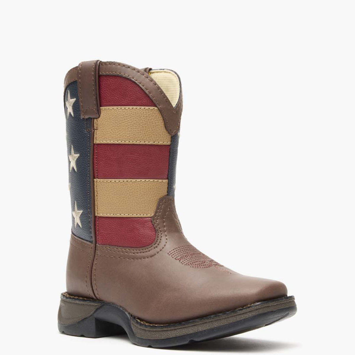 Durango Kids' Patriotic Western Flag Boot, Brown and Union Flag – 3-4 front, grey background
