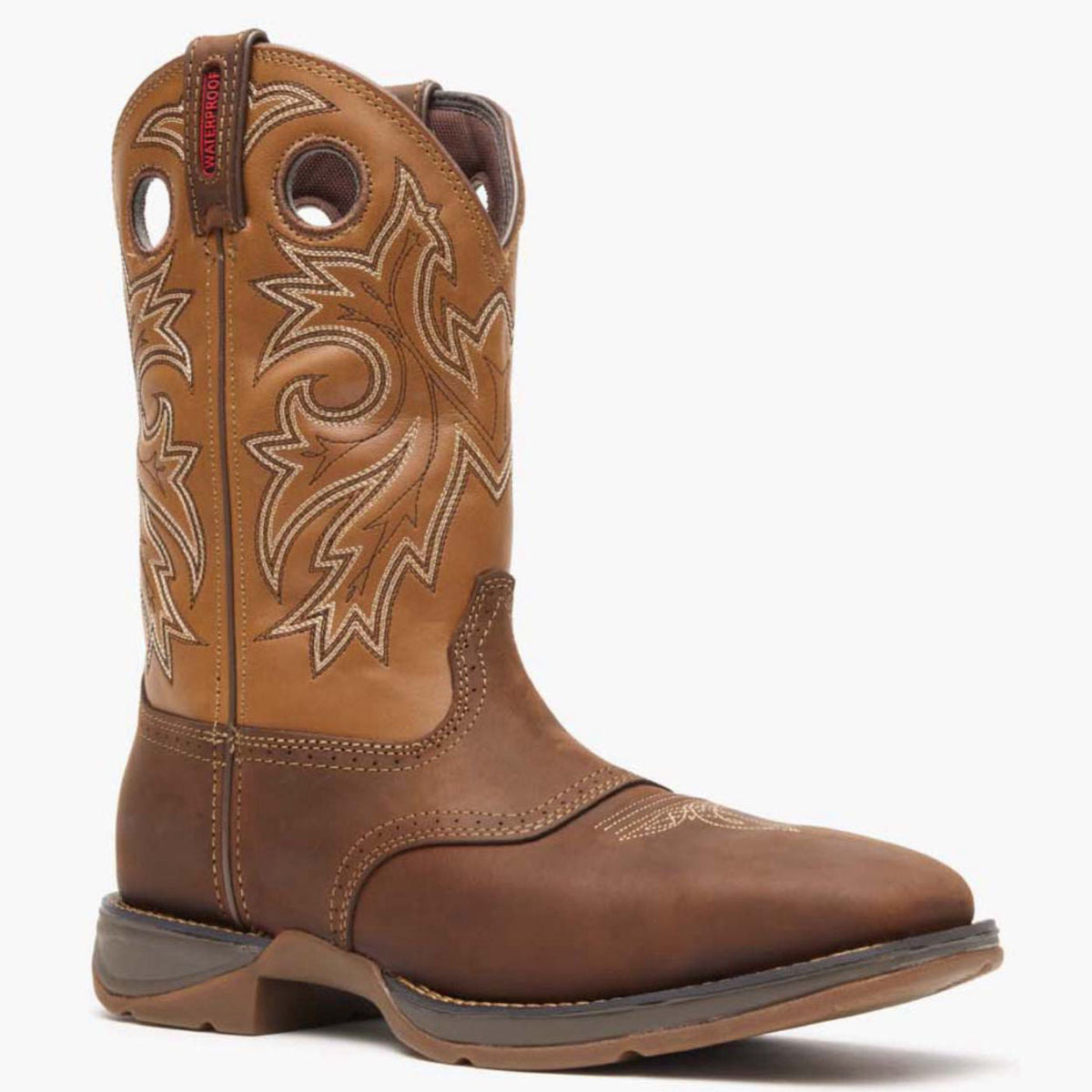 Durango Men's Rebel Steel Toe Waterproof Work Boot, brown with tan shaft – 3-4 front, grey background