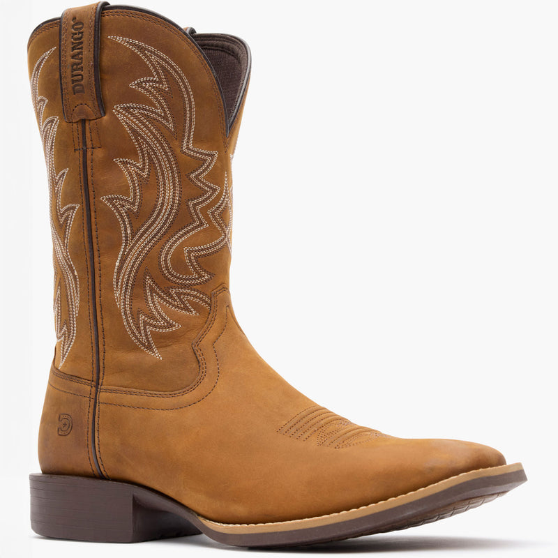 Durango Men's Shyloh Saddle Brown Western Boot, full-grain leather pull-on cowboy boot with square toe.