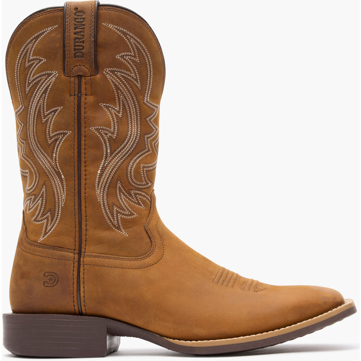 Durango Men's Shyloh Saddle Brown Western Boot side profile showing 11-inch shaft and Western stitching.