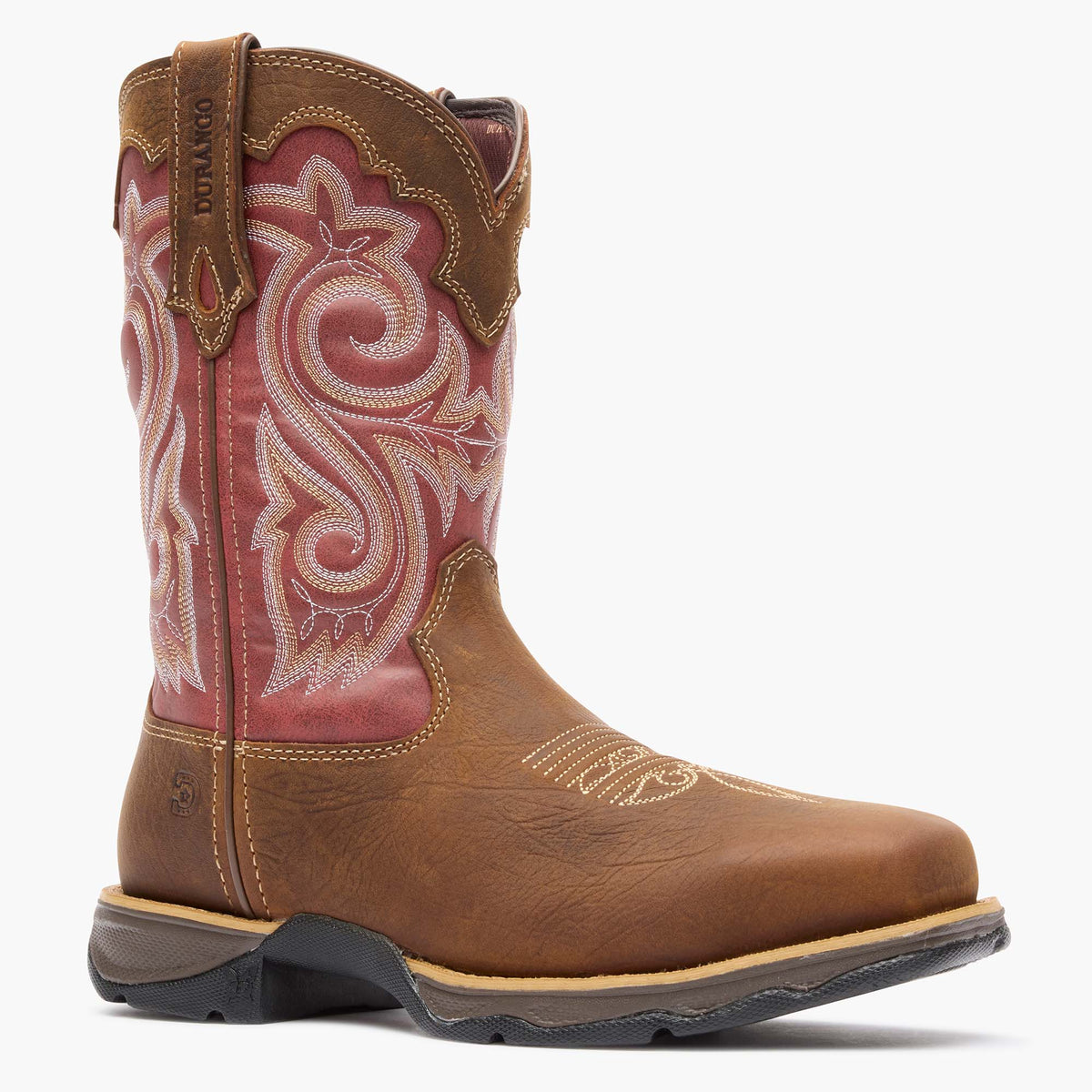 Durango Women's Rebel Waterproof Composite Toe Work Boot, tan with red shaft – 3-4 front, grey background