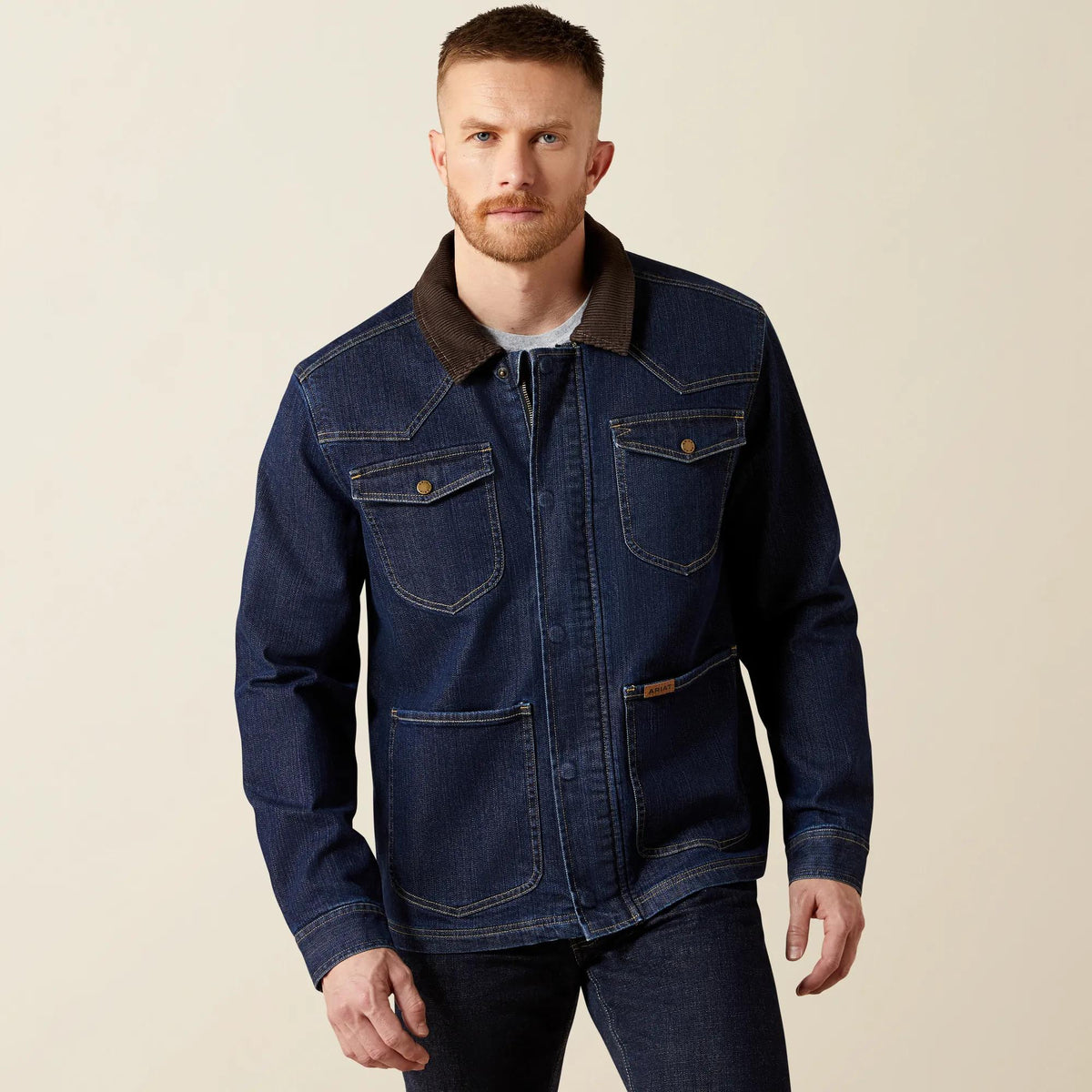 Ariat Men's Denim Chore Jacket, Rinse – front, on model