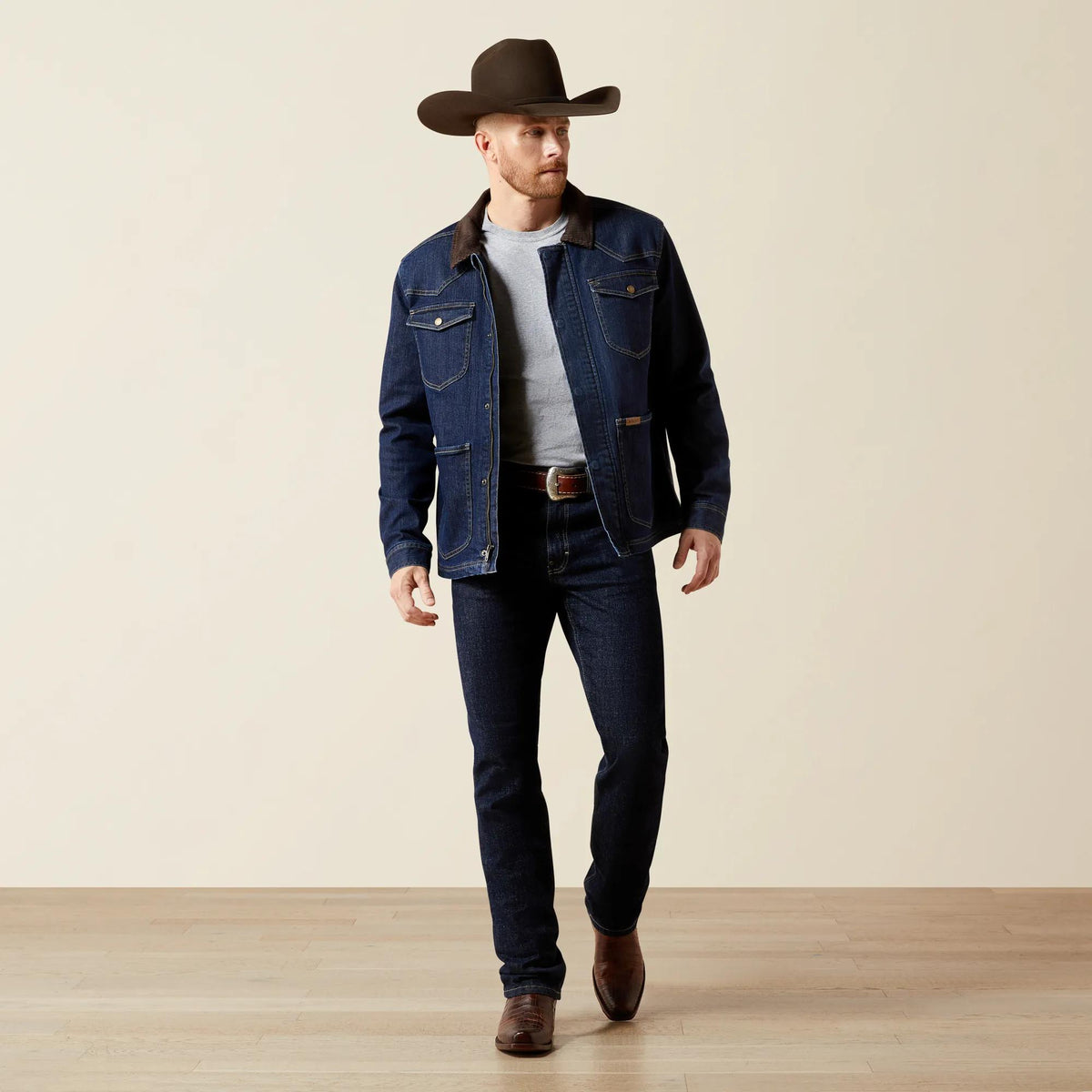 Ariat Men's Denim Chore Jacket, Rinse – full length, on model