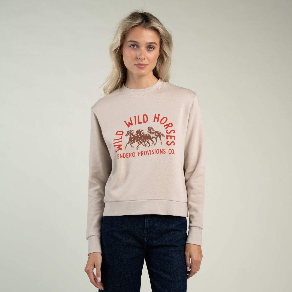 Sendero Provisions Co. Women's Wild Wild Horses Sweatshirt - Sand - on model