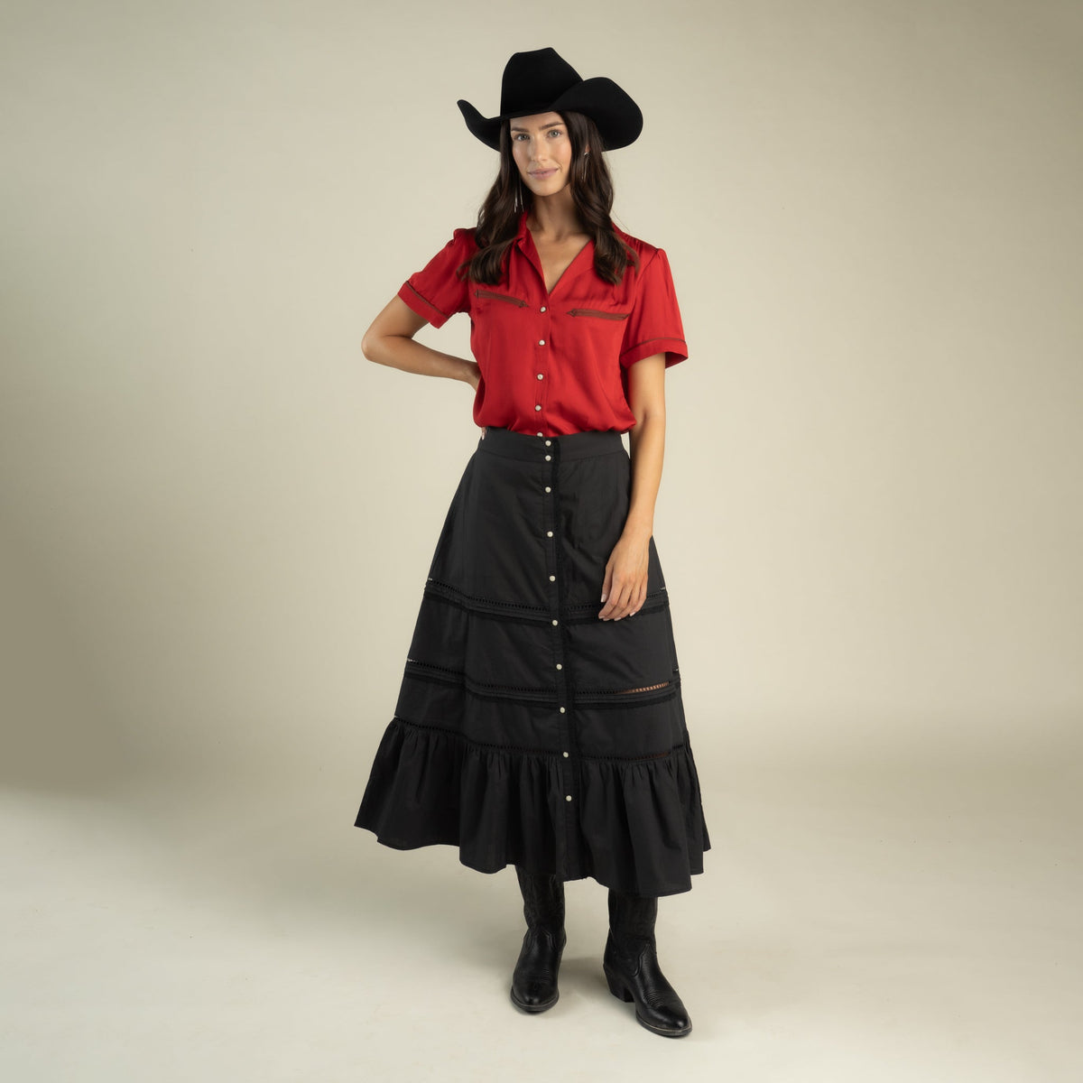 Sendero Provisions Co. Women's Cheyenne Western Blouse - Crimson - on model
