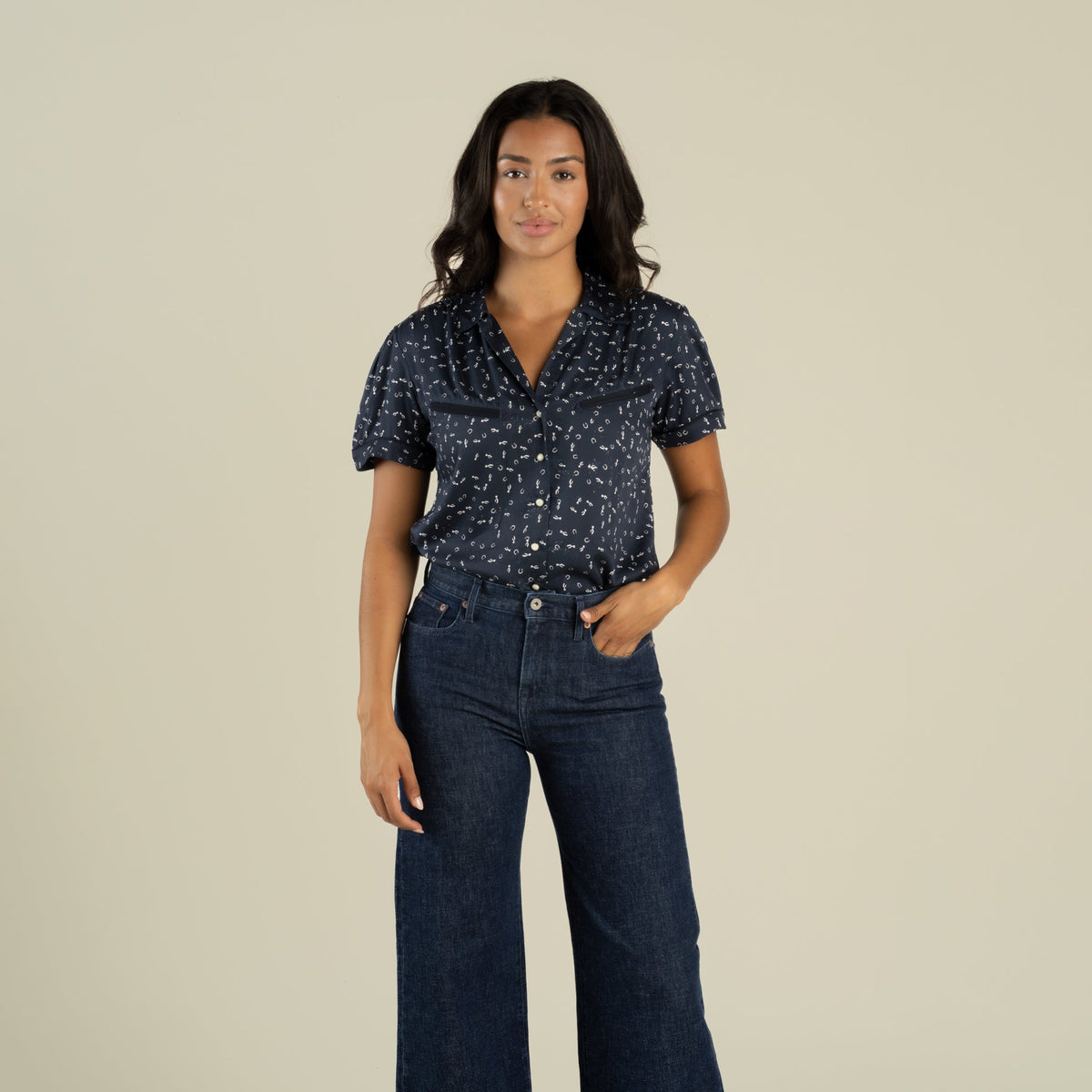 Sendero Provisions Co. Women's Cheyenne Western Blouse - Best of Luck - Midnight - on model