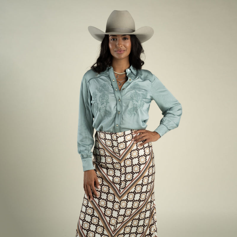 Sendero Provisions Co. Women's Dakota Blouse - Faded Sage - on model