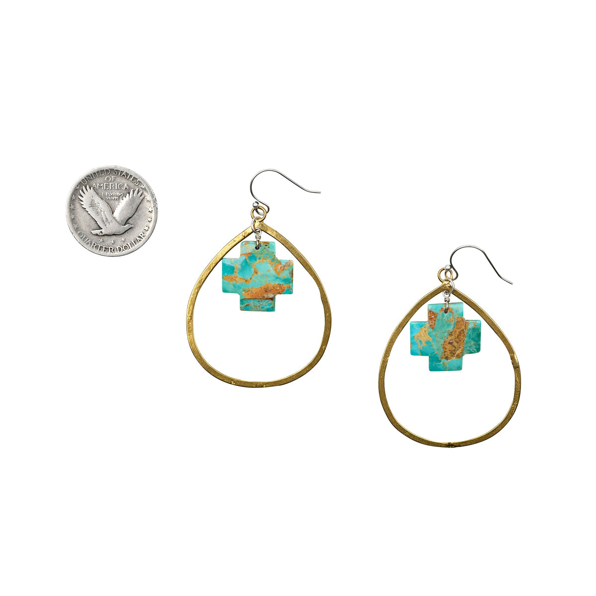 Peyote Bird Crosswinds Turquoise Cross Earrings – pair with quarter for scale
