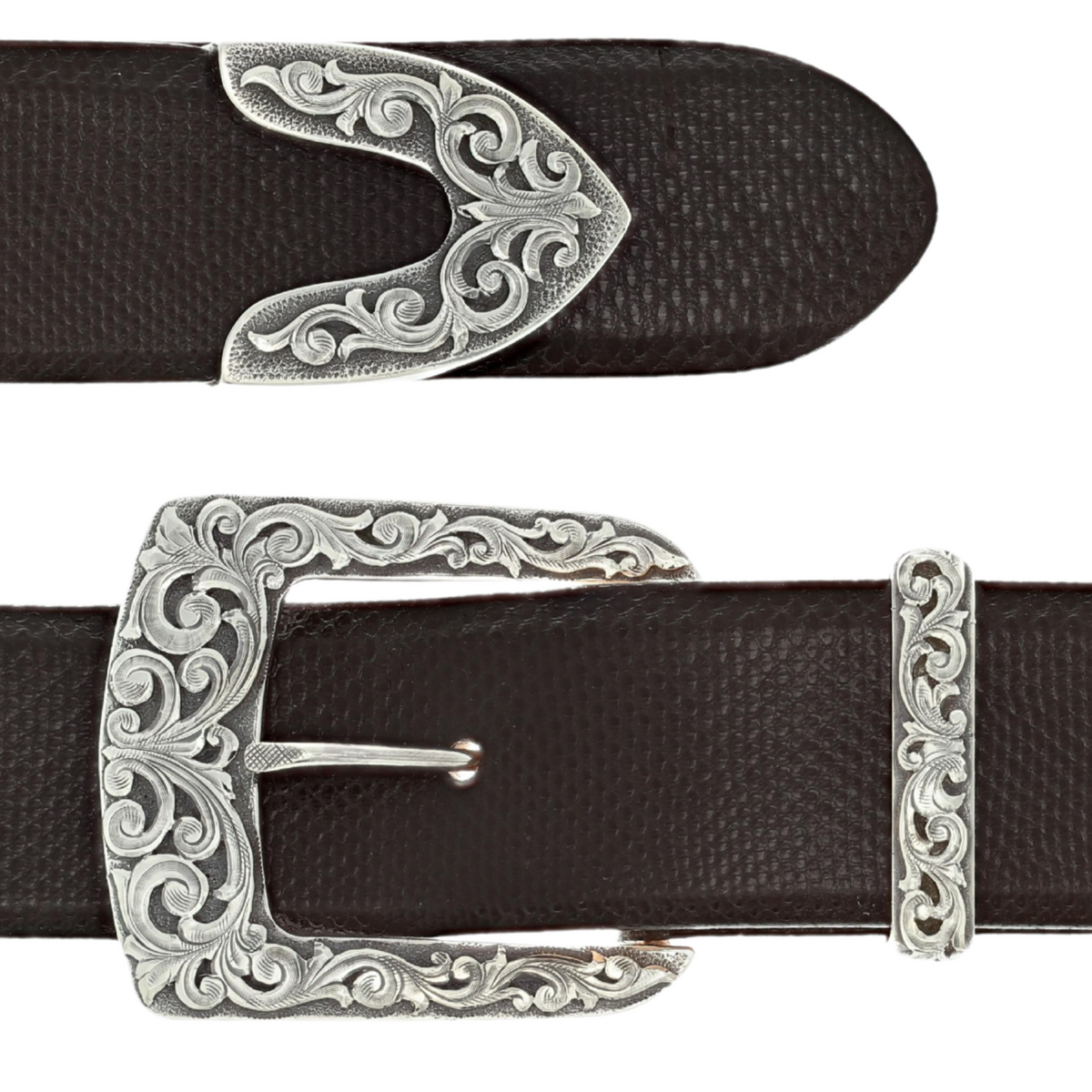 Clint Orms Galveston 2014 sterling silver overlay three-piece buckle set on a dark brown belt