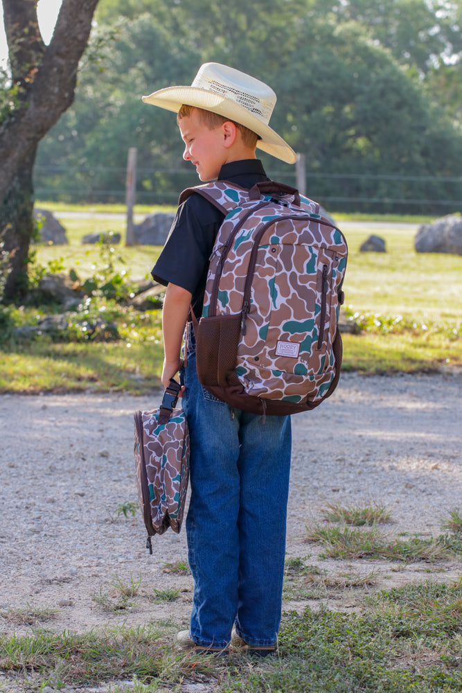 Hooey Rockstar Backpack, Camo/Brown – lifestyle, worn by child