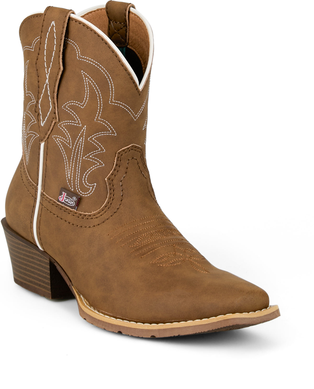 Justin DEE 7-inch brown boots featuring classic cowboy style and stitching, made by Justin for durable Western footwear.