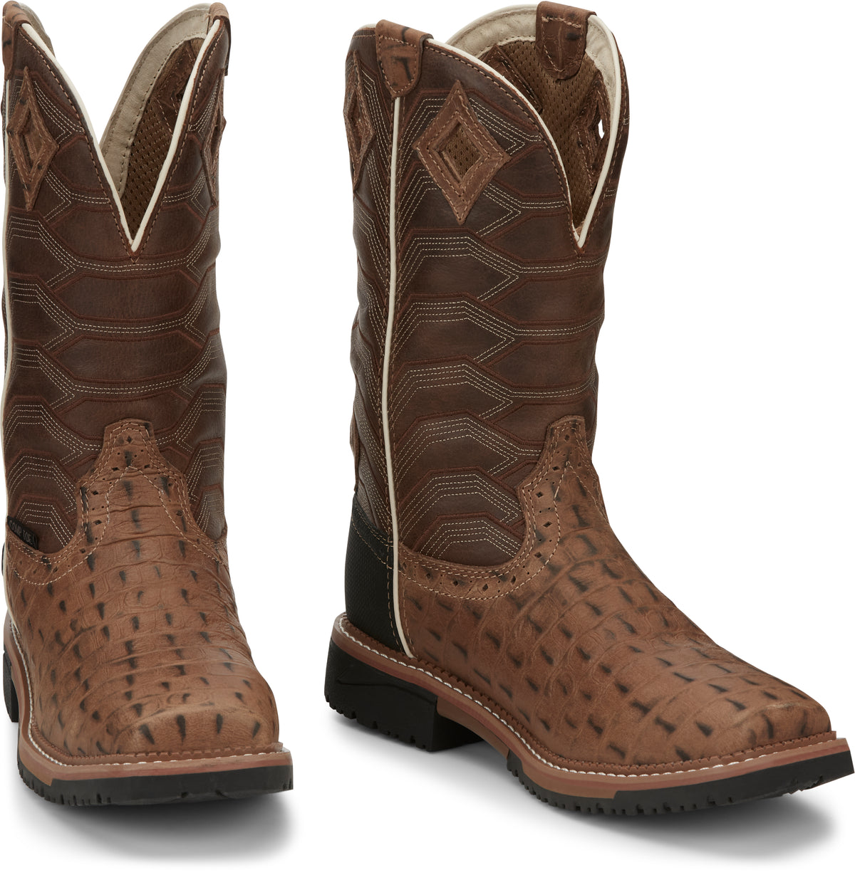 Justin Derrickman caramel croc print men's waterproof wide square toe work boots, showing textured leather and sturdy sole.