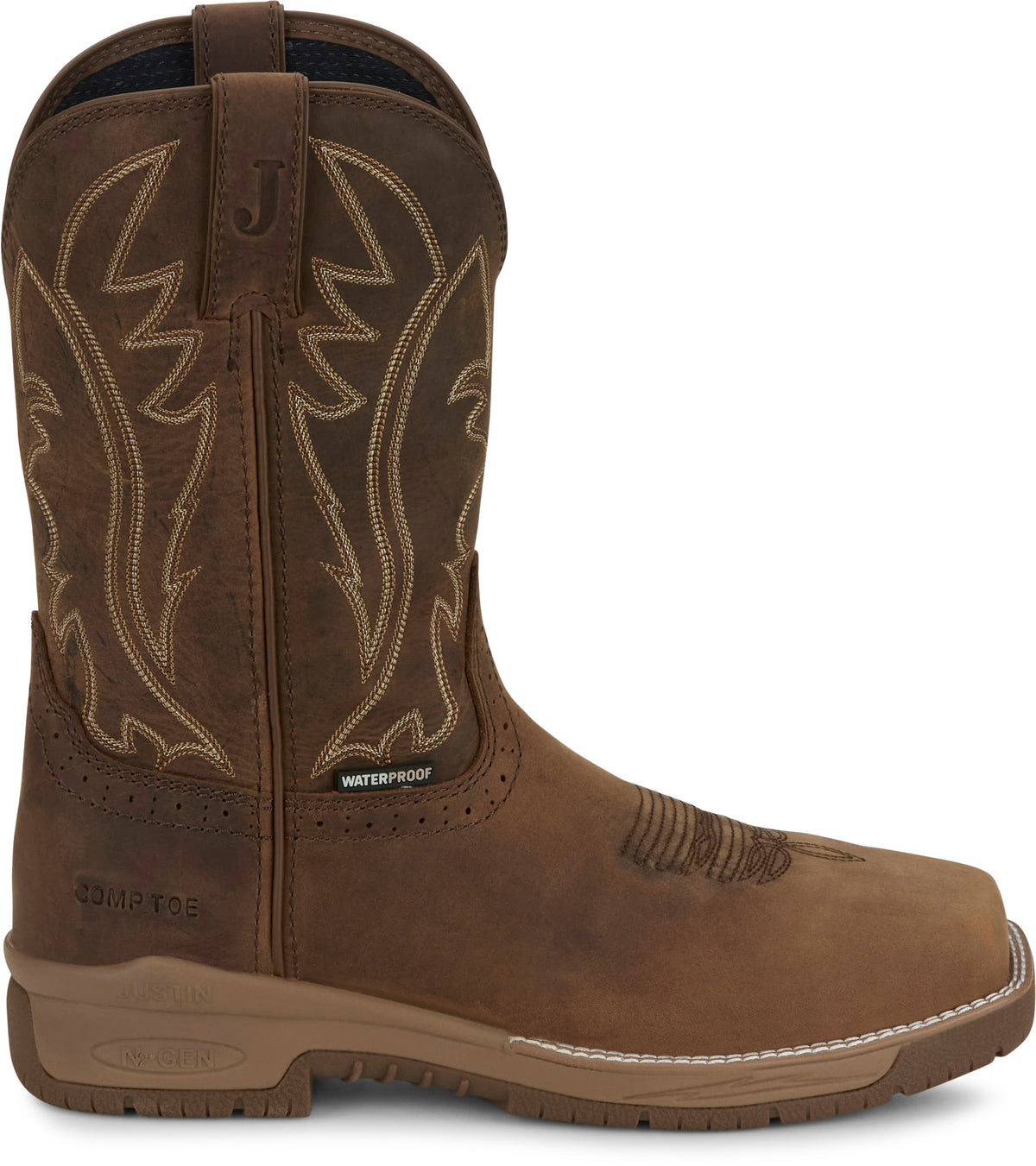 Justin Nitread taupe men's square toe boots, 11-inch western style leather boots with stitching details.