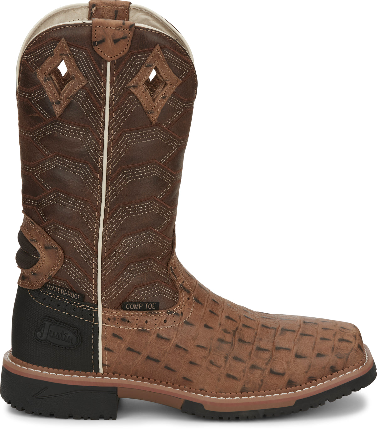 Justin Derrickman caramel crocodile print men's waterproof wide square toe work boots with composite safety toe.