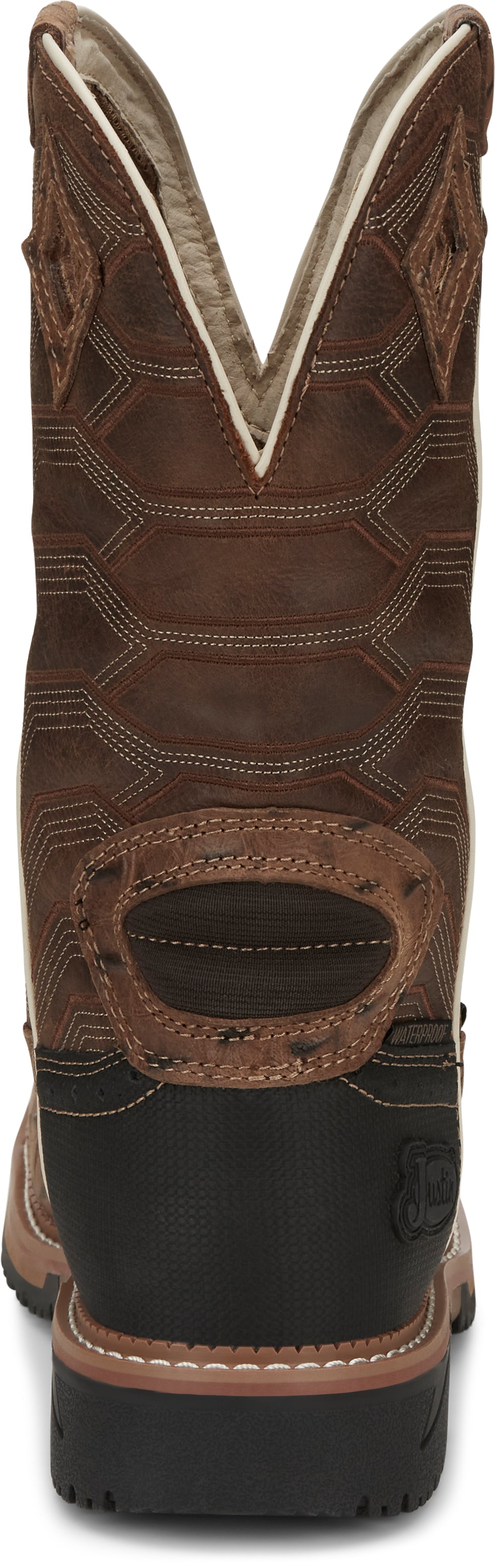 Justin Derrickman caramel crocodile print men's waterproof wide square composite toe work boots, showing front view with textured leather.