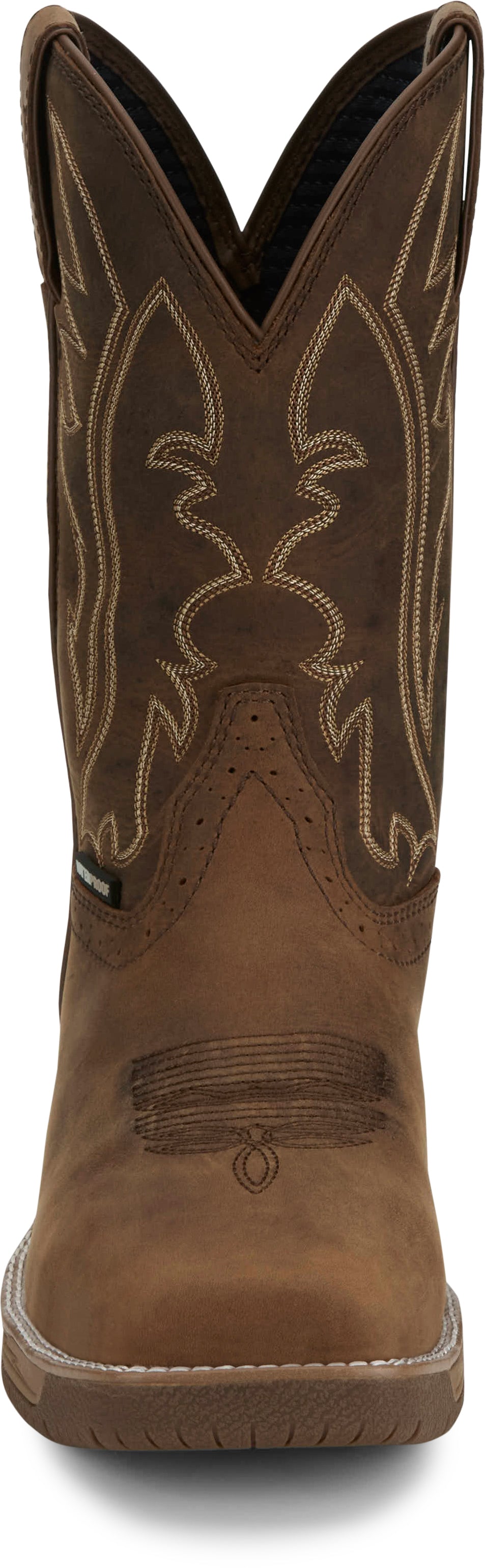 Justin Nitread taupe men's square toe boots, 11-inch cowboy boots with detailed stitching and sturdy leather construction.