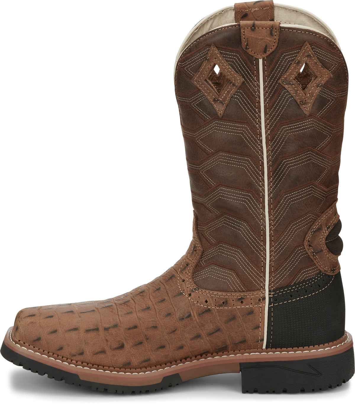 Justin Derrickman caramel crocodile print men's waterproof wide square composite toe work boots, detailed leather and crocodile pattern.