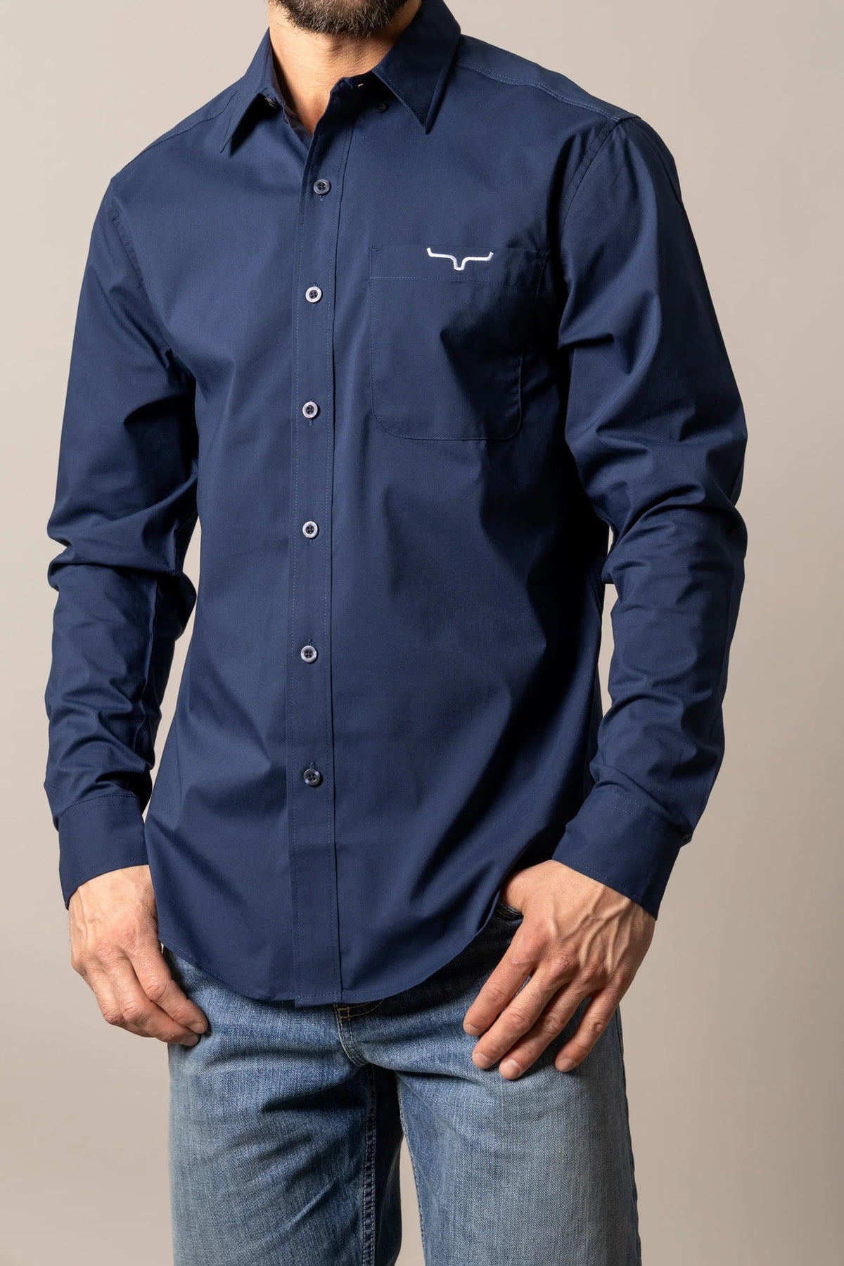 Kimes Ranch Men's Team Shirt, Navy – front, on model