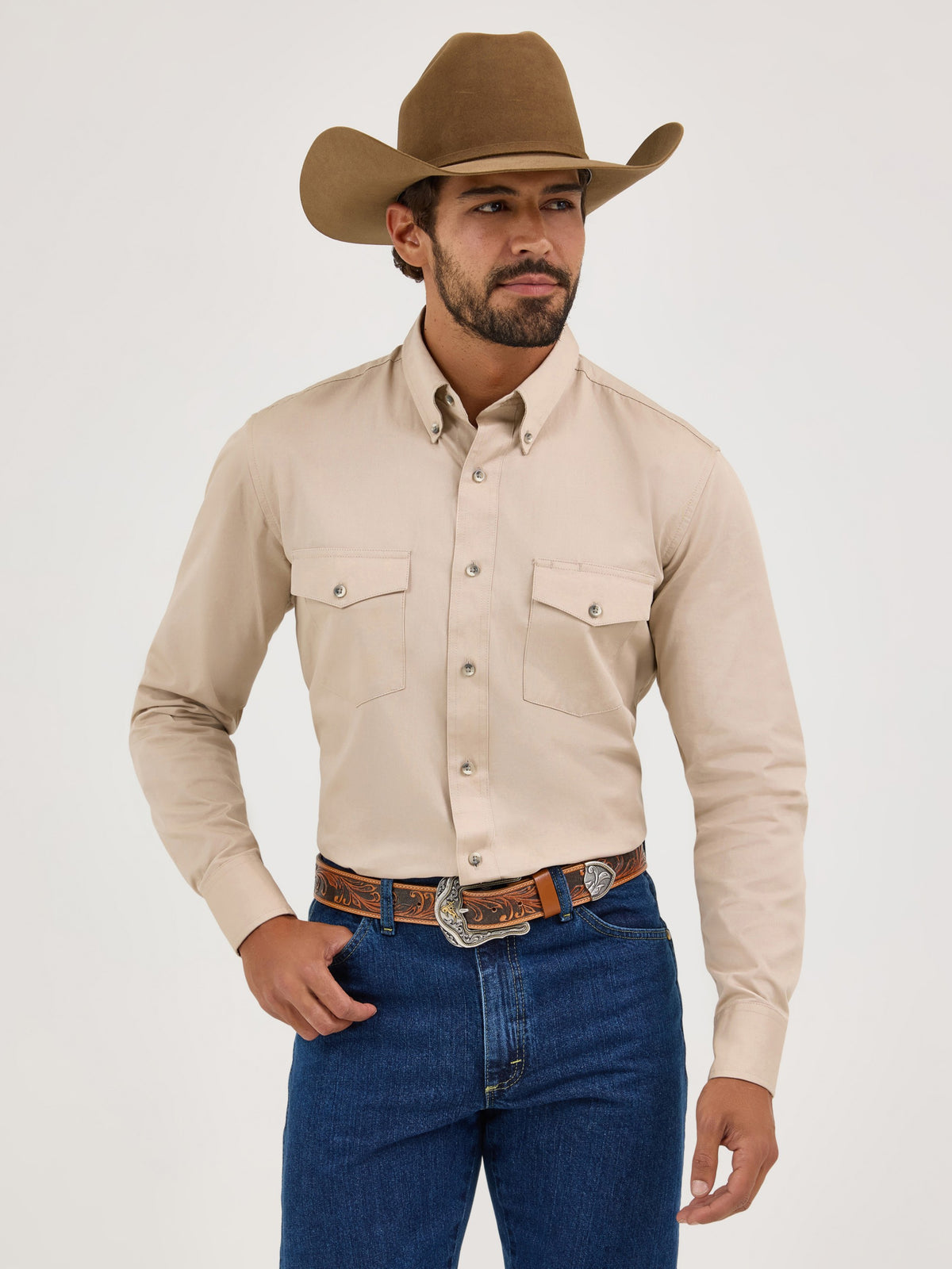 Wrangler Men's Painted Desert Long Sleeve Twill Shirt, Tan – front on model
