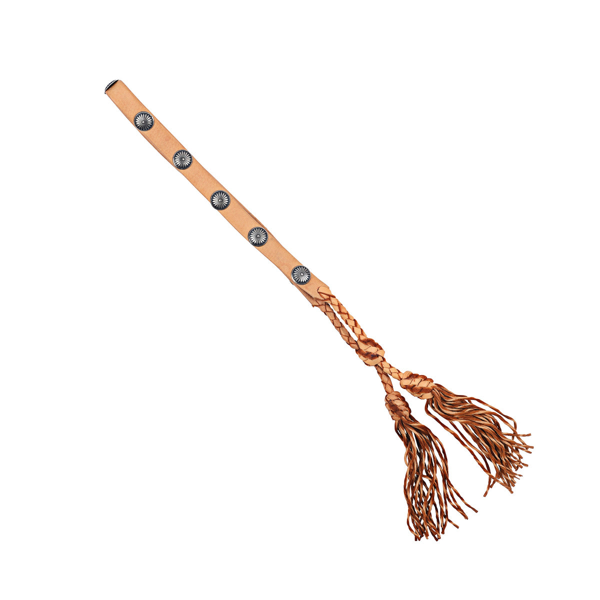 Peyote Bird Lampman Sun Concho Hatband, Saddle Twisted Fringe – full length