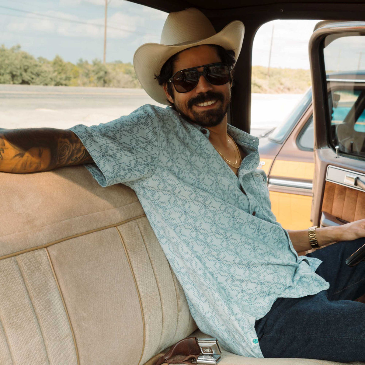 Sendero Provisions Co. Men's City Slicker Button Up Short Sleeve Shirt - Arizola Chevron - Faded Blue - lifestyle