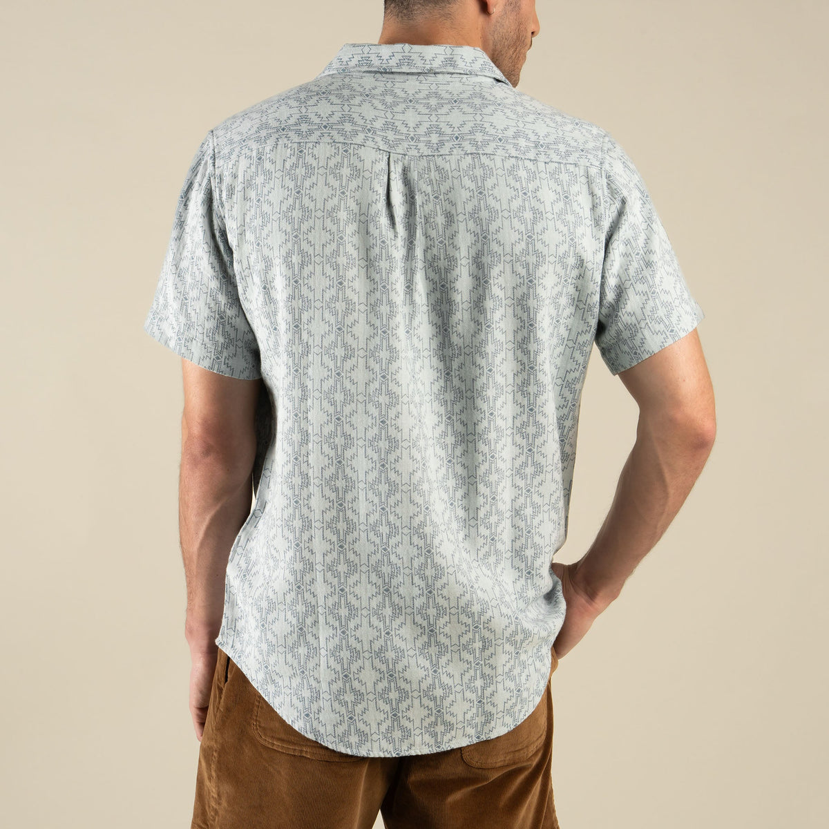 Sendero Provisions Co. Men's City Slicker Button Up Short Sleeve Shirt - Arizola Chevron - Faded Blue - on model