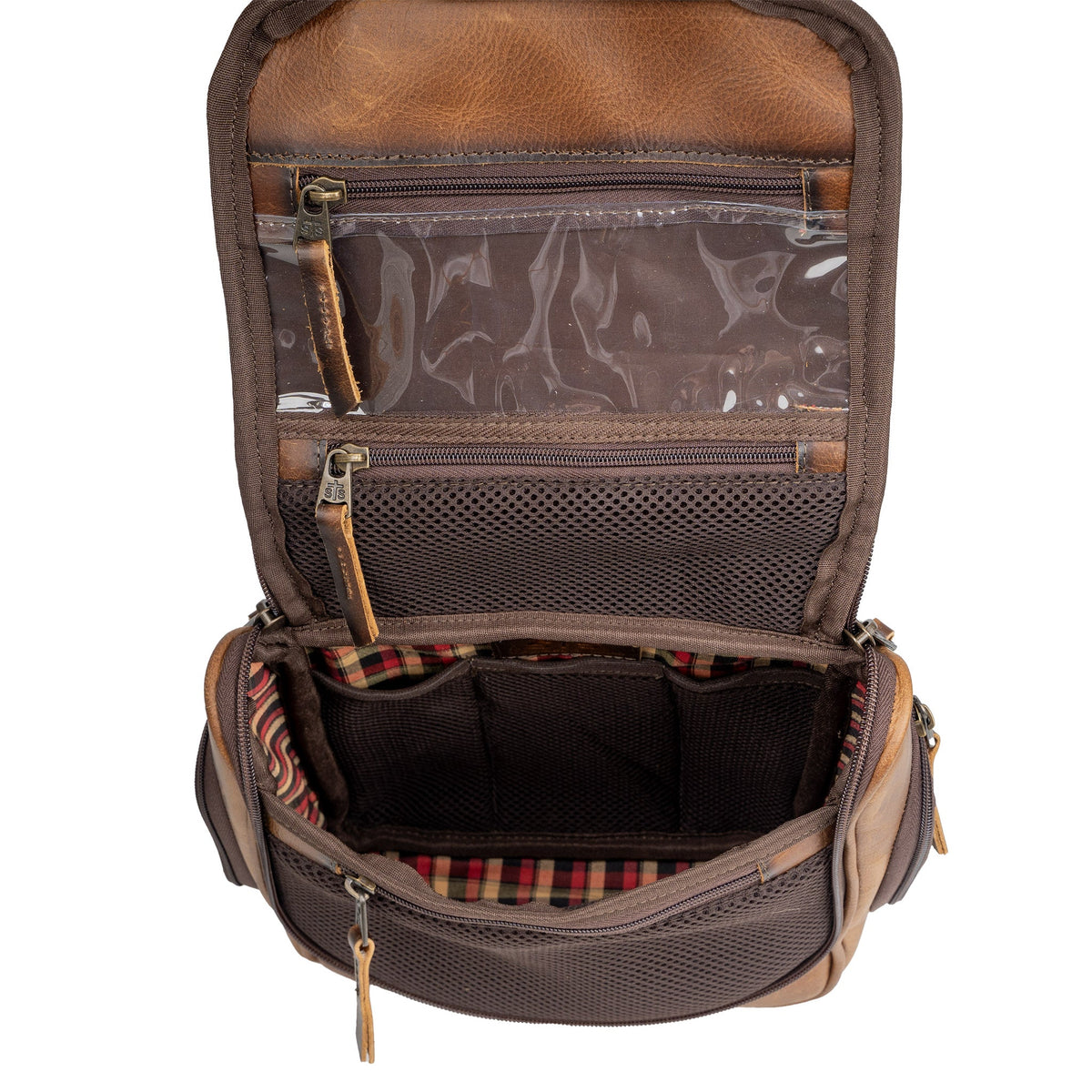 STS Ranchwear Men's Tucson Hanging Shave Kit, Tan – inside, open with clear pockets