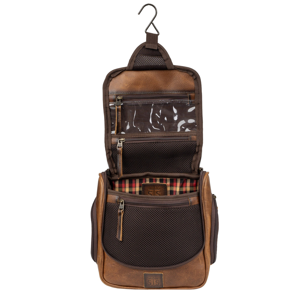 STS Ranchwear Men's Tucson Hanging Shave Kit, Tan – hanging, open on hook