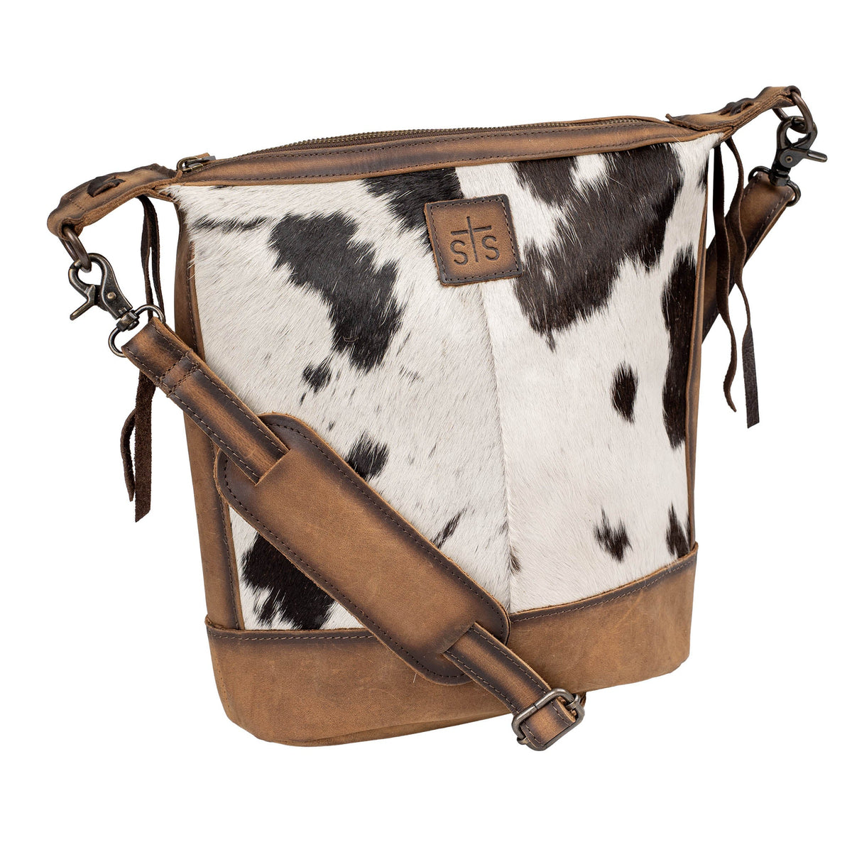 STS Ranchwear Women's Cowhide Mail Bag Crossbody, Black and White Hair-On – front angle
