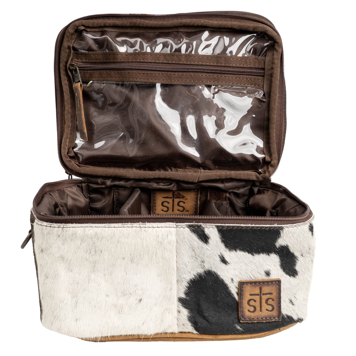 STS Ranchwear Women's Cowhide Glamour Makeup Organizer, Tan and Black Hair-On – inside, open front