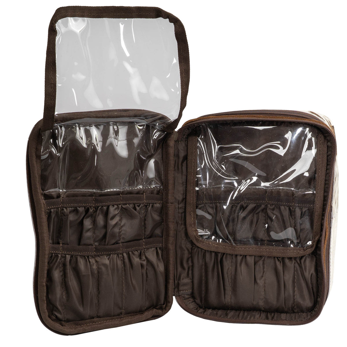 STS Ranchwear Women's Cowhide Glamour Makeup Organizer, Tan and Black Hair-On – inside, open pockets