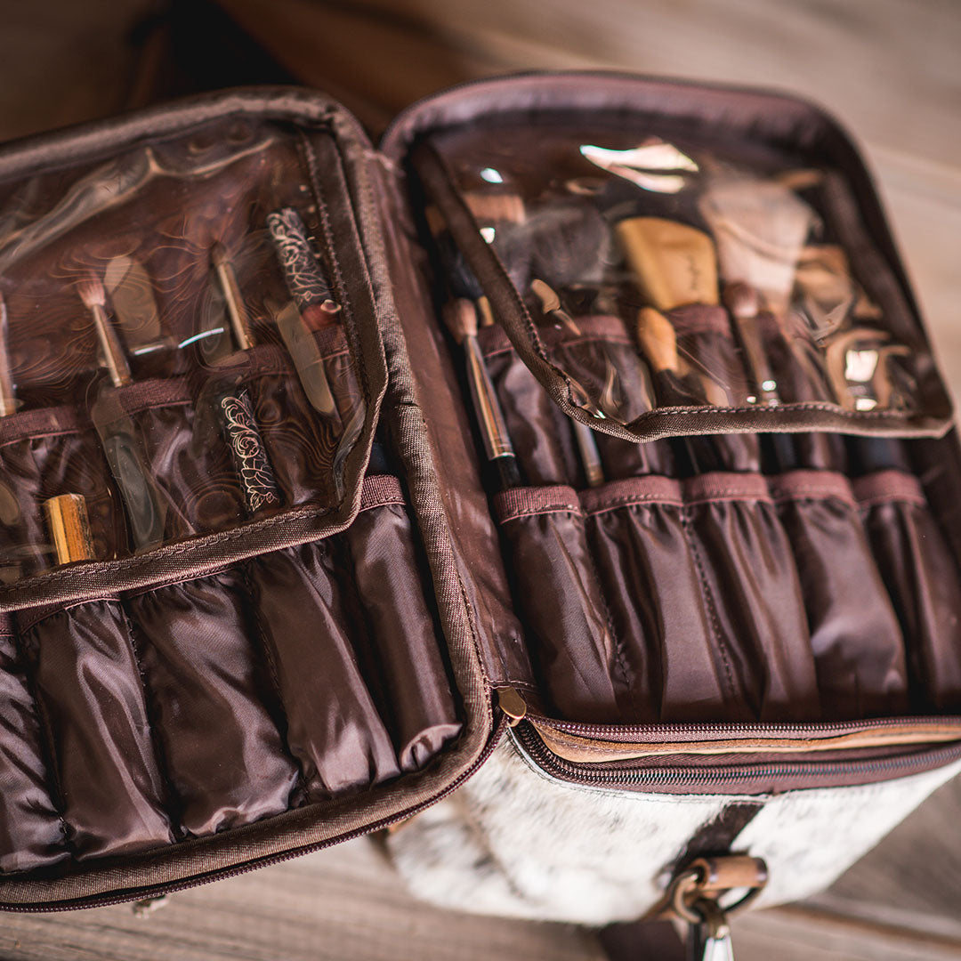 STS Ranchwear Women's Cowhide Glamour Makeup Organizer, Tan and Black Hair-On – lifestyle, brush pockets detail