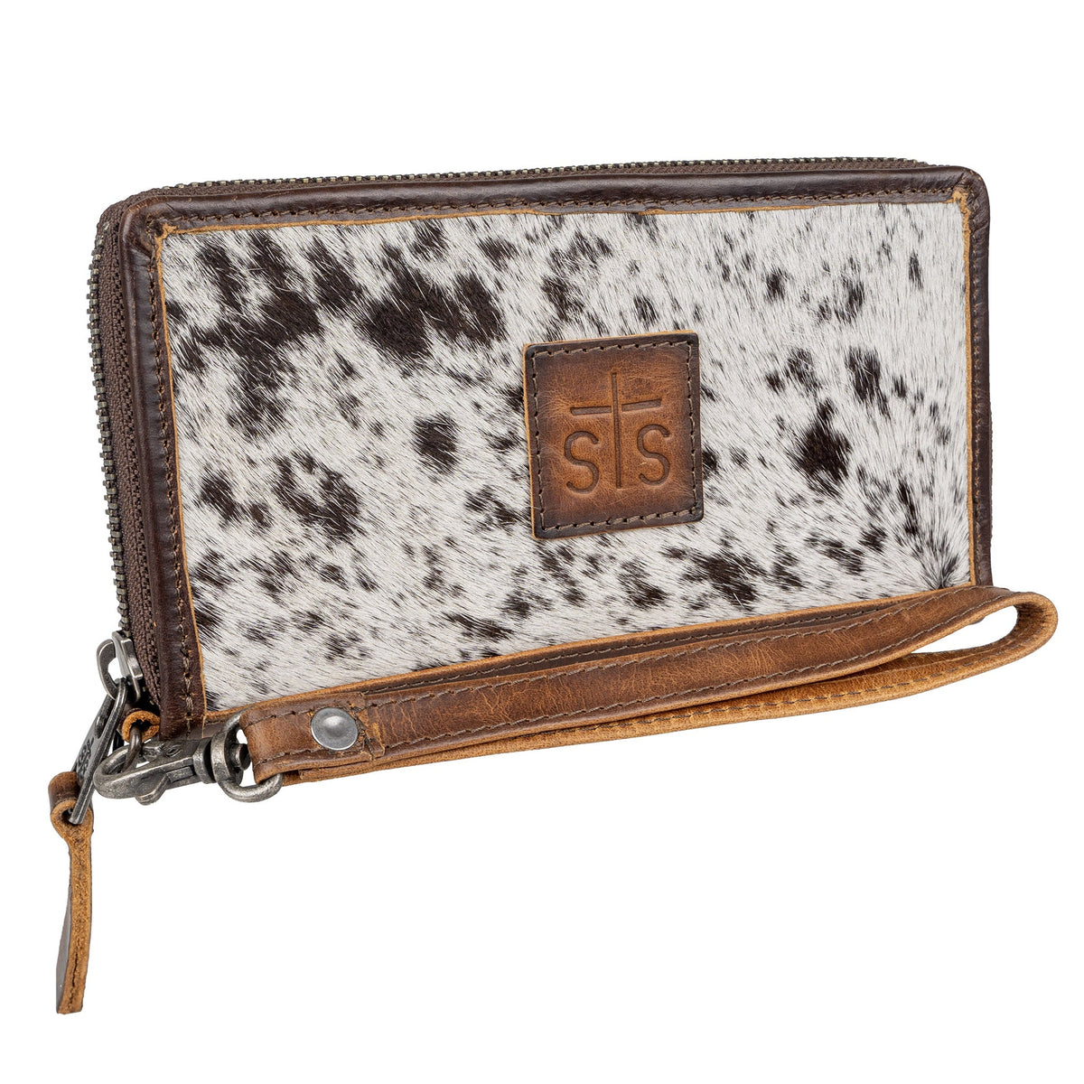 STS Ranchwear Women's Vaquero Cowhide Concho Bifold Wallet, Brown and White Hair-On – front angle