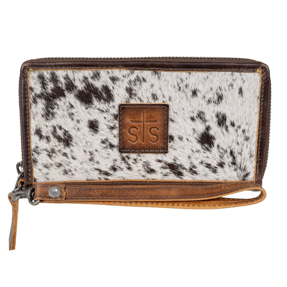 STS Ranchwear Women's Vaquero Cowhide Concho Bifold Wallet, Brown and White Hair-On – front