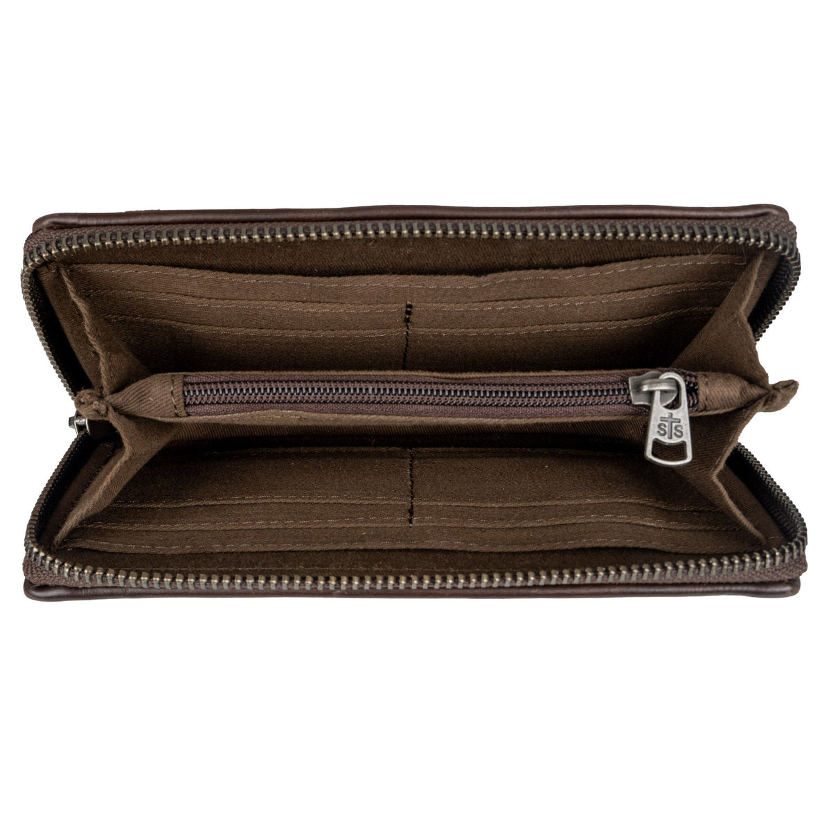 STS Ranchwear Women's Vaquero Cowhide Concho Bifold Wallet, Brown and White Hair-On – inside, open