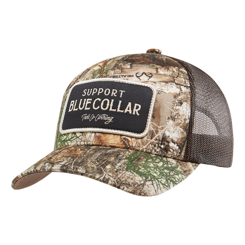 Troll Co. SBC Realtree Barricade Curved Brim Trucker Hat, RealTree – front 3-4, camo with Support Blue Collar patch