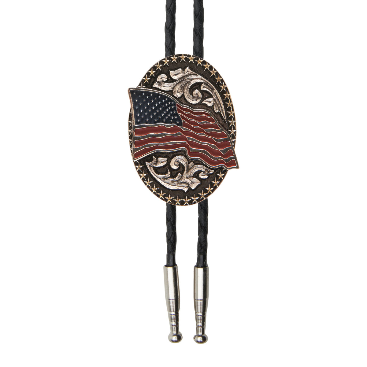 AndWest American Flag Bolo Tie featuring a patriotic flag design with a decorative metal clasp and braided cord.