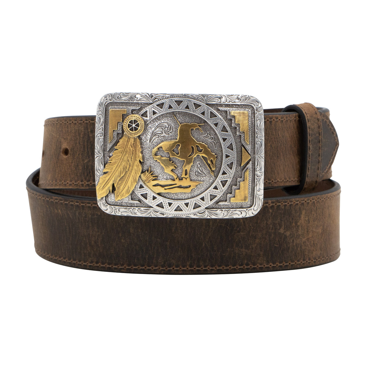 AndWest square end of trails buckle belt in 1 1/2-inch width, featuring a sturdy metal buckle and leather strap.