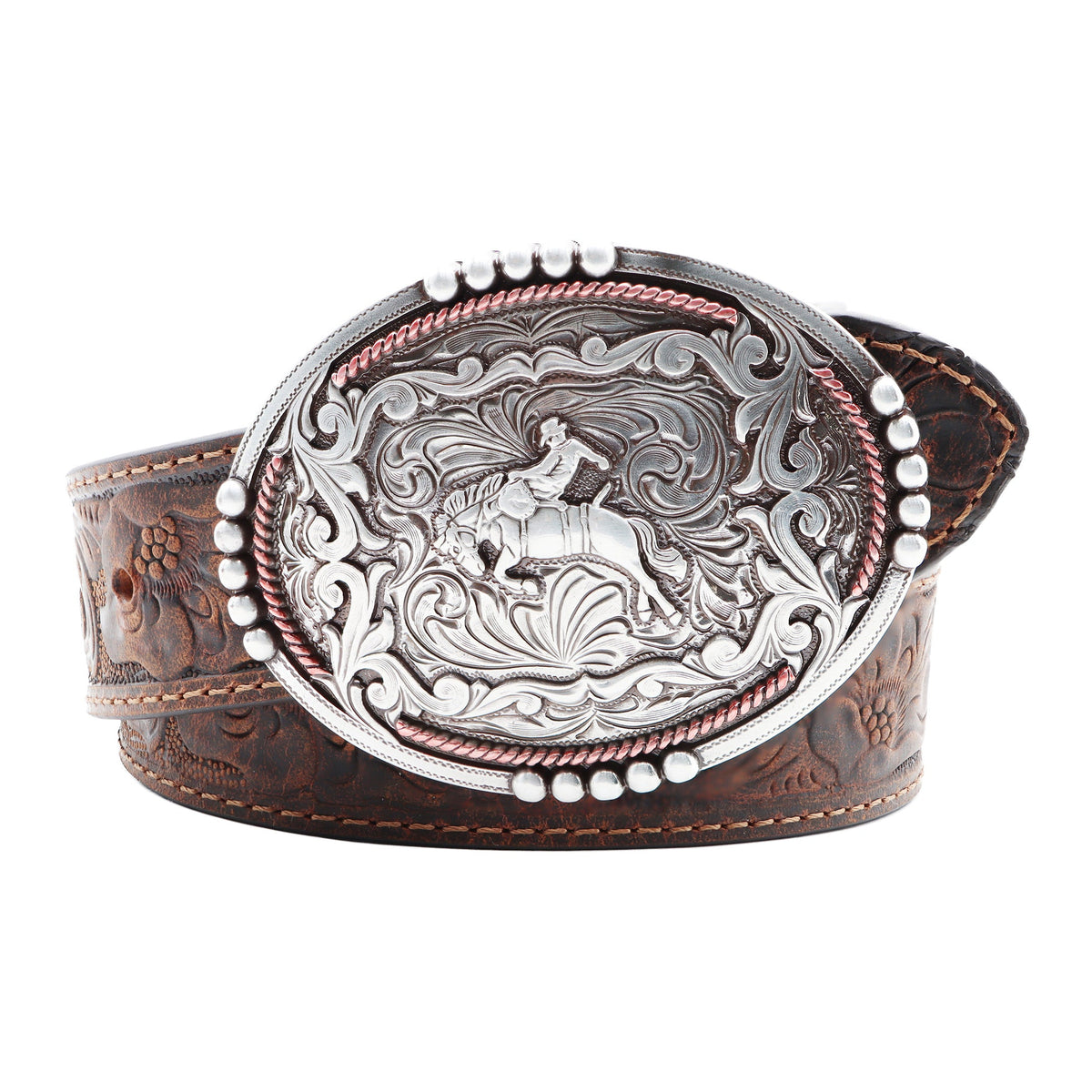 AndWest Kids’ 1 1/4" Tooled Buckin’ Bronc Rider buckle belt with detailed tooling and leather strap for children.