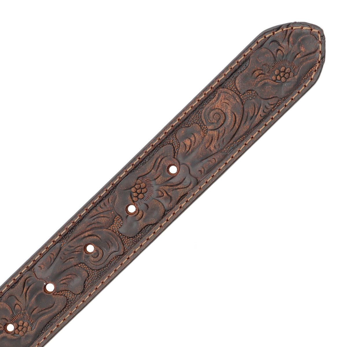 AndWest Kids’ 1 1/4-inch tooled Buckin’ Bronc Rider belt featuring detailed leather tooling and a western buckle design.